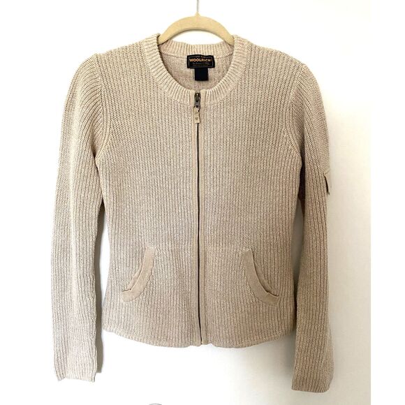 VTG Woolrich Full Zip Cardigan Sweater Womens Tan Ramie Cotton Front Pockets S - Picture 1 of 11